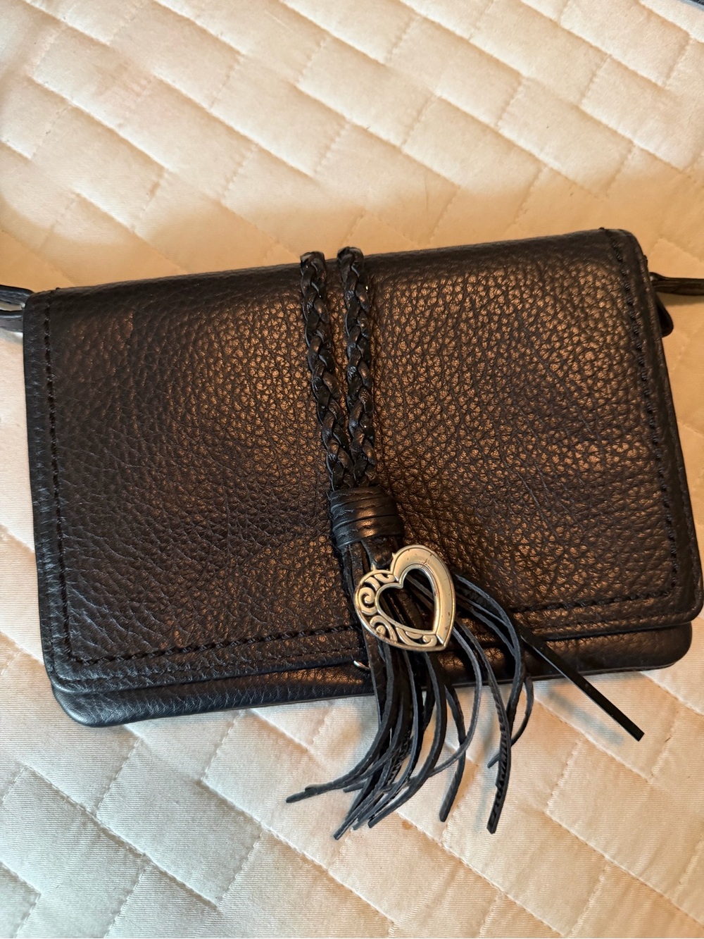 Black Leather Crossbody Bag with Heart Tassel